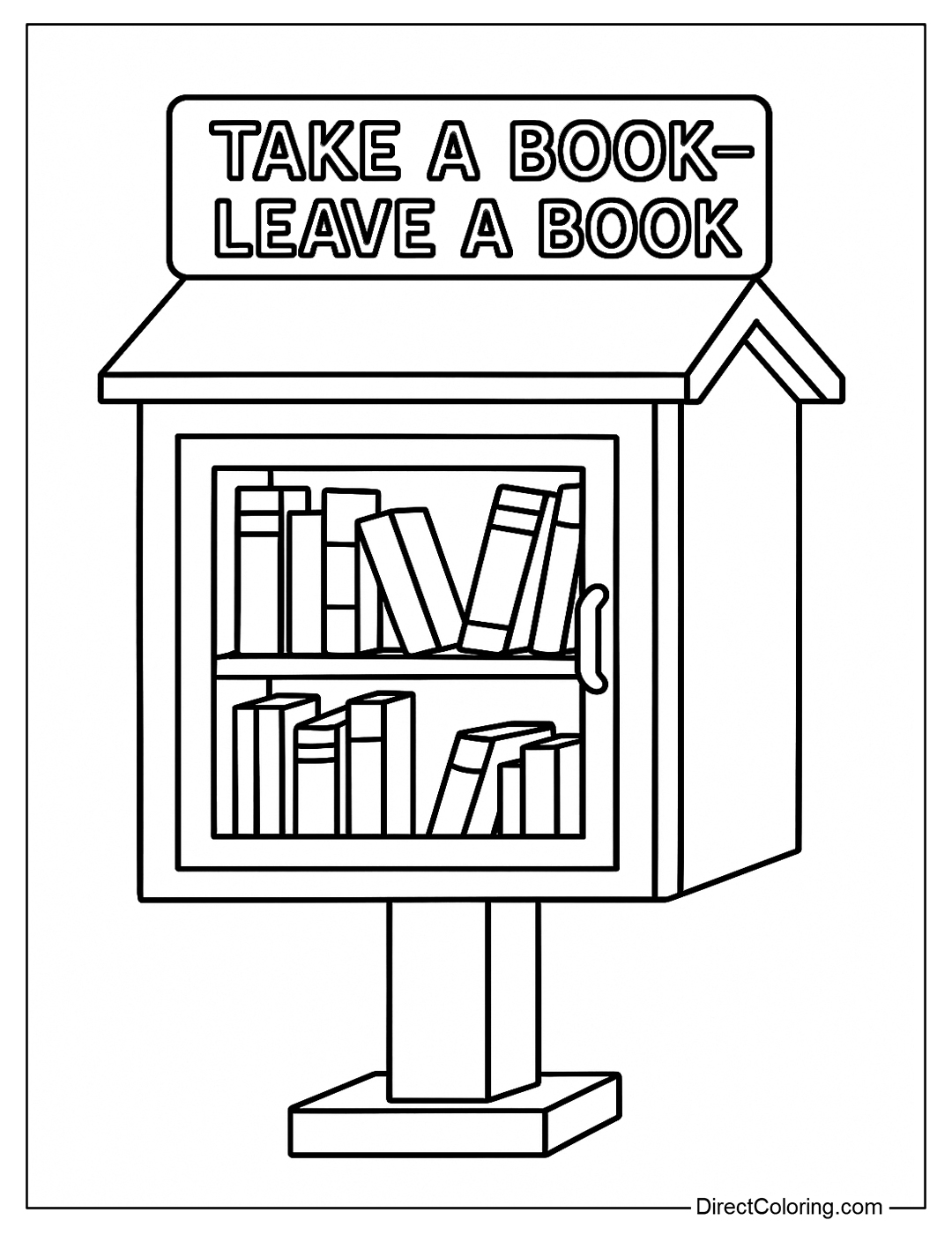 Small bookshelf coloring page with “Take a Book – Leave a Book” sign
